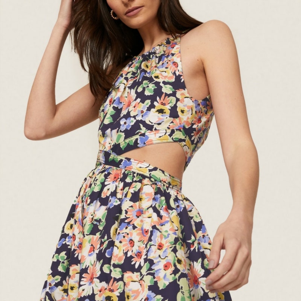 SOMETHING NAVY Floral Cut-Out Cotton Midi-Dress Size Small